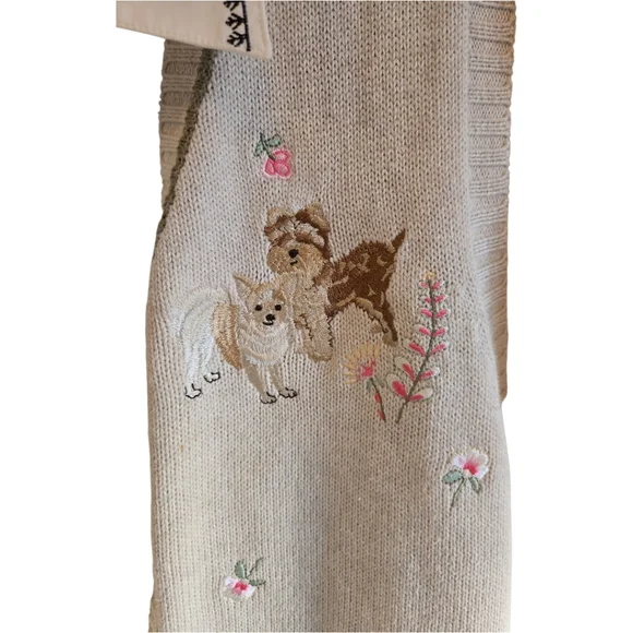Vintage Embroidered Beige Cardigan Knit Sweater Vest with Dog Embroidered Blouse - Picture 6 of 9
